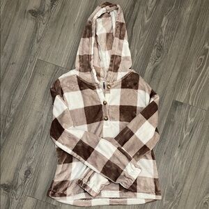 Plaid Hooded Pullover - Brown & Cream